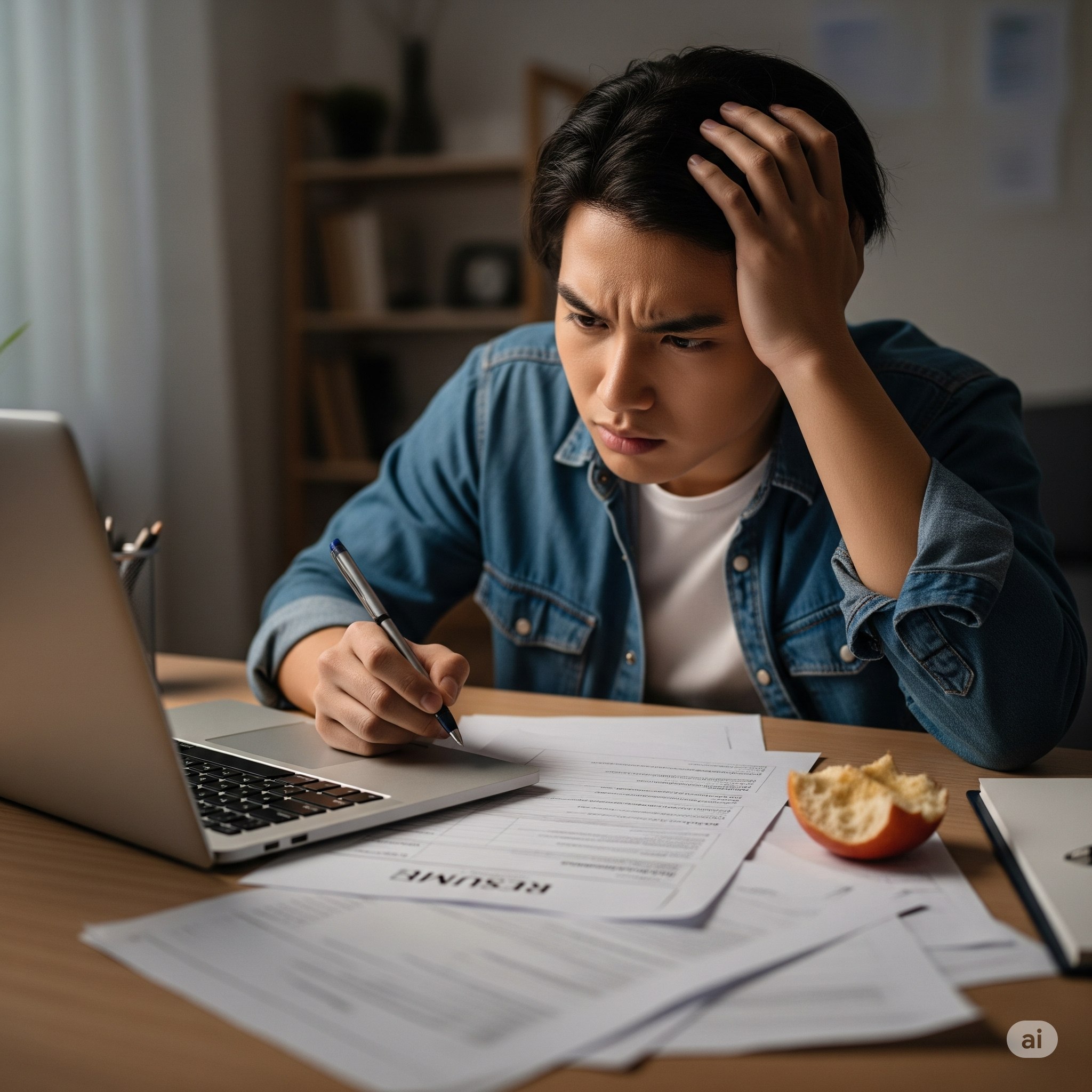 Student struggling with resume writing, showing empty-resume syndrome